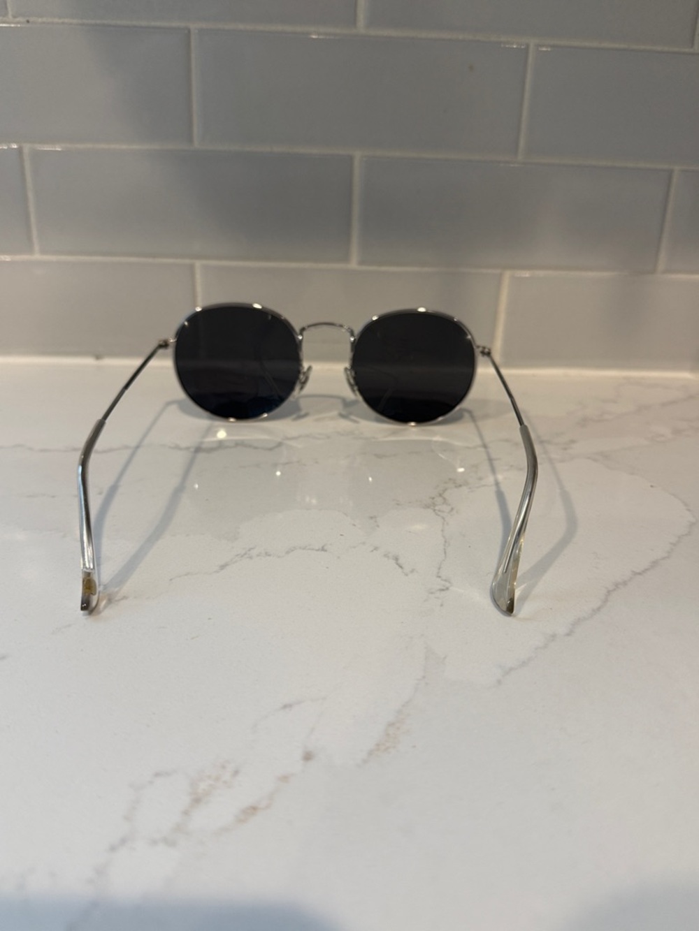Round Metal Frame Sunglasses - Silver with Black Lenses - Picture 2 of 4
